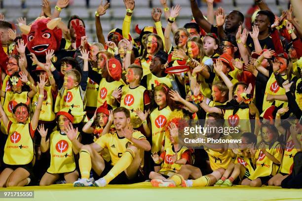 Players and 400 Foster children attending during a FIFA international friendly match between Belgium and Costa Rica as preparation for the 2018 FIFA...