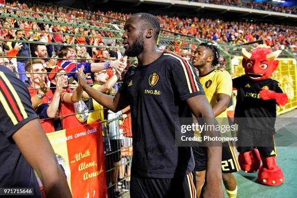 Romelu Lukaku forward of Belgium greeting the supporters after the victory during a FIFA international friendly match between Belgium and Costa Rica...