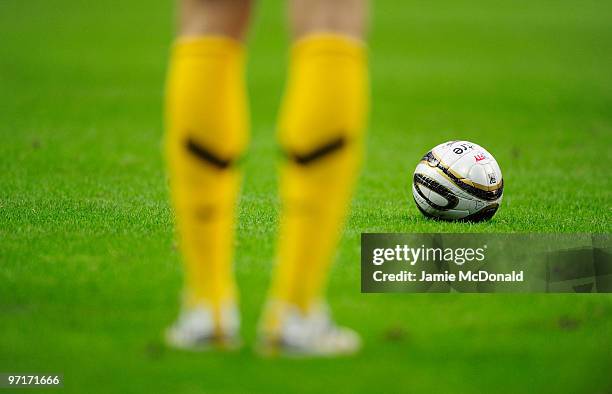 Tomasz Kuszczak of Manchester United prepares to clear the ball during the Carling Cup Final between Aston Villa and Manchester United at Wembley...