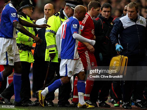 El Hadji Diouf of Blackburn Rovers and Steven Gerrard of Liverpool leave the pitch at the end of the first half during the Barclays Premier League...