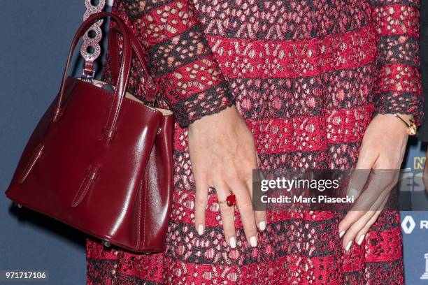 Actress Elsa Zylberstein, handbag detail, attends the 'Les Nuits En Or 2018' dinner gala at UNESCO on June 11, 2018 in Paris, France.