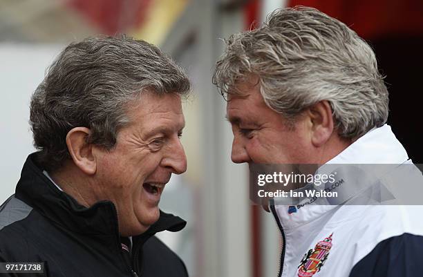 Sunderland manager Steve Bruce and Fulham manager Roy Hodgson during the Barclays Premier League match between Sunderland and Fulham at Stadium of...