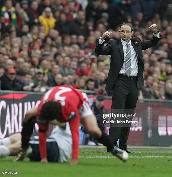 Martin O'Neill of Aston Villa watches from the touchline during the Carling Cup Final match between Aston Villa and Manchester United at Wembley...
