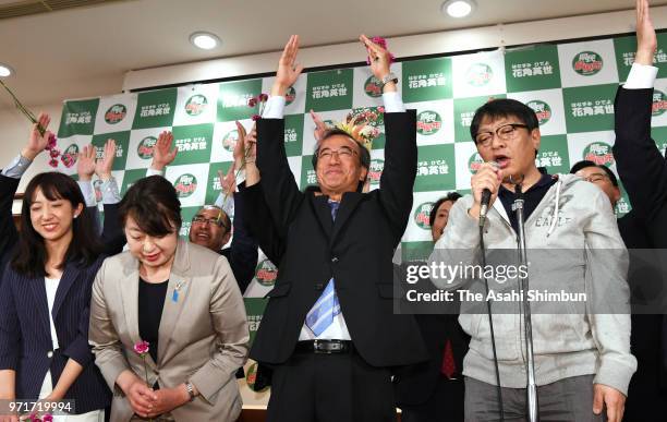 Hideyo Hanazumi, a candidate backed by the Liberal Democratic Party and Komeito, celebrates his election victory on June 10, 2018 in Niigata, Japan....