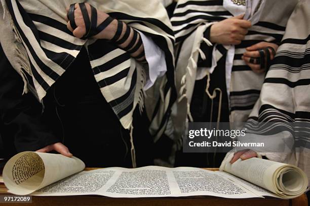 Ultra-Orthodox Jews follow the reading of the Scroll of Esther during Purim festival prayers at the Vishnitz Chassidic synagogue on February 28, 2010...