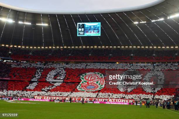 The fans of Bayern show a presentation of the 110th anniversary before the Bundesliga match between FC Bayern Muenchen and Hamburger SV at Allianz...