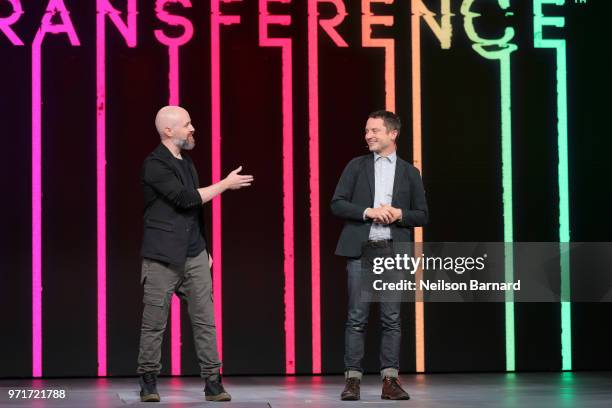 Benoit Richer, game director of 'Transference' and Elijah Wood, creative director of SpectreVision, speaks onstage during the Ubisoft E3 conference...