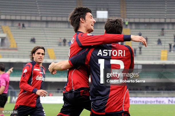 Davide Astori of Caglieri celebrate during the Serie A match between Chievo and Cagliari at Stadio Marc'Antonio Bentegodi on February 28, 2010 in...