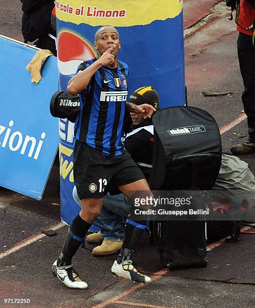Douglas Maicon of Inter celebrates the goal during the Serie A match between Udinese and Inter at Stadio Friuli on February 28, 2010 in Udine, Italy.