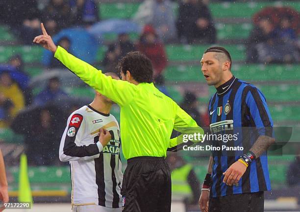 Marco Materazzi of Inter talks to the referee Mauro Bergonzi during the Serie A match between Udinese and Inter at Stadio Friuli on February 28, 2010...