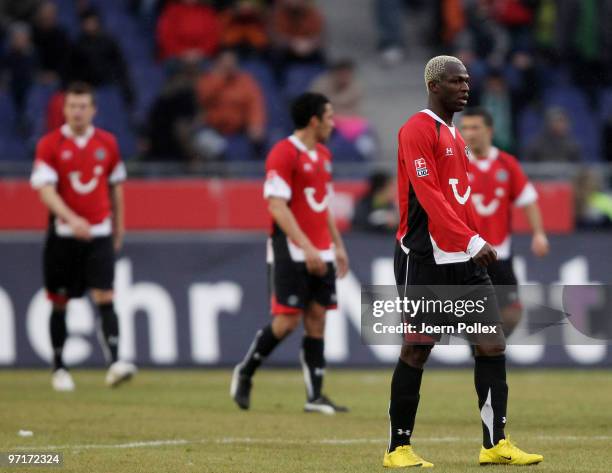 Player of Hannover look dejected during the Bundesliga match between Hannover 96 and VfL Wolfsburgat AWD-Arena on February 28, 2010 in Hanover,...