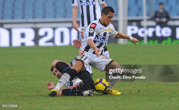 Dejan Stankovic of Inter battles for the ball with Alexis Alejandro Sanchez during the Serie A match between Udinese and Inter at Stadio Friuli on...