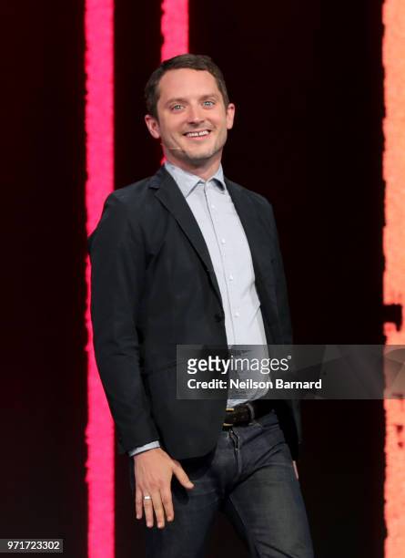 Elijah Wood, creative director of SpectreVision, speaks onstage during the Ubisoft E3 conference at Orpheum Theatre on June 11, 2018 in Los Angeles,...