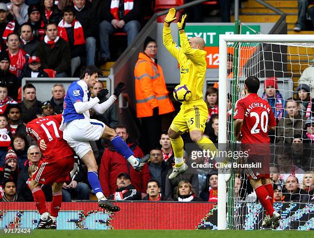 Pepe Reina of Liverpool blocks the shot of Nikola Kalinic of Blackburn Rovers during the Barclays Premier League match between Liverpool and...