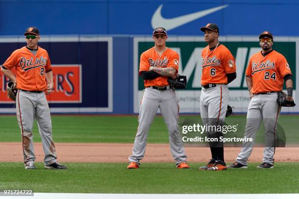 Baltimore Orioles Infield Danny Valencia joins teammates Baltimore Orioles Shortstop Manny Machado , Second baseman Jonathan Schoop & Infielder Pedro...