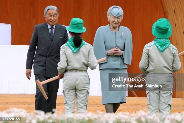 Emperor Akihito and Empress Michiko attend the National Tree-Planting Festival on June 10, 2018 in Minamisoma, Fukushima, Japan. This 3-day trip...