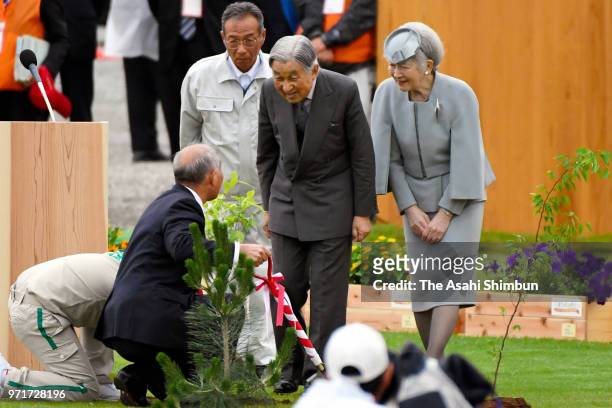 Emperor Akihito and Empress Michiko attend the National Tree-Planting Festival on June 10, 2018 in Minamisoma, Fukushima, Japan. This 3-day trip...