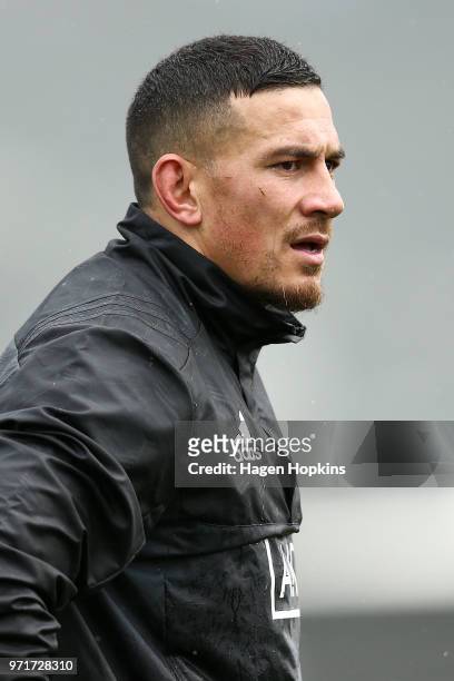 Sonny Bill Williams looks on during a New Zealand All Blacks training session at Hutt Recreation Ground on June 12, 2018 in Wellington, New Zealand.