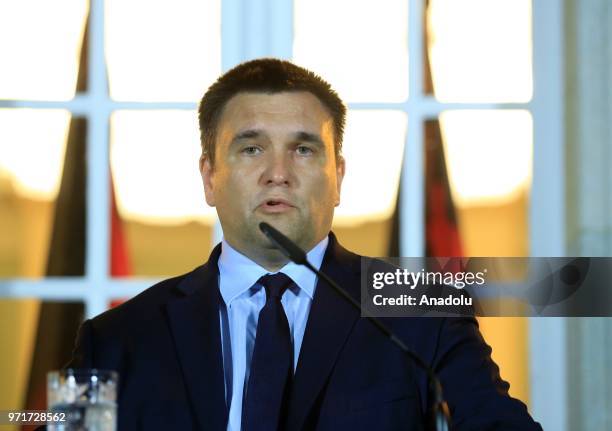 Foreign Minister of Ukraine Pavlo Klimkin speaks during a joint press conference following a Normandy format meeting with German Foreign Minister...
