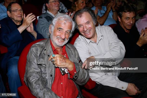 Actors Jean-Paul Belmondo and Daniel Russo attend "L'Entree des Artistes" : Theater School by Olivier Belmondo at Theatre Des Mathurins on June 11,...