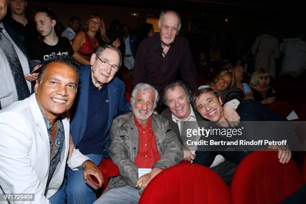 Karl Mootoosamy, Robert Hossein, Jean-Paul Belmondo, Remy Julienne, Daniel Russo and Louis-Michel Colla attend "L'Entree des Artistes" : Theater...
