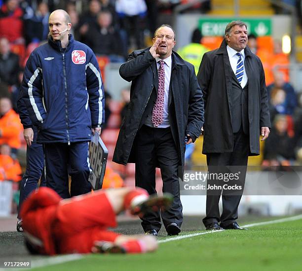 Rafa Benitez manager of Liverpool and Sam Allardyce manager of Blackburn Rovers during a Barclays Premier League game between Liverpool and Blackburn...