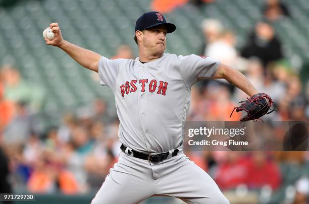 Steven Wright of the Boston Red Sox pitches in the first inning against the Baltimore Orioles at Oriole Park at Camden Yards on June 11, 2018 in...