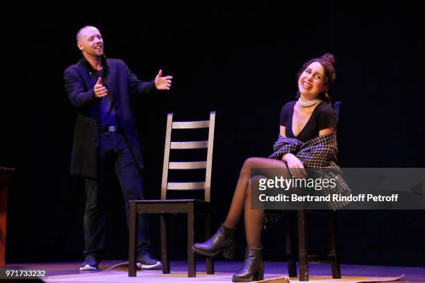 Maxime Martigane and Charlotte Landoy perform during "L'Entree des Artistes" : Theater School by Olivier Belmondo at Theatre Des Mathurins on June...