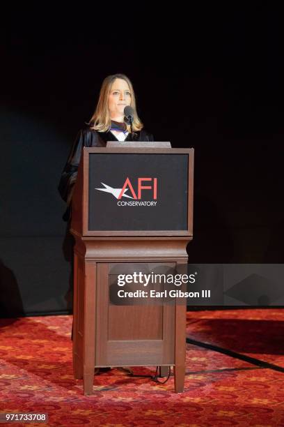 Actor Jodie Foster is honored at AFI's Conservatory Commencement Ceremony at TCL Chinese Theatre on June 11, 2018 in Hollywood, California.