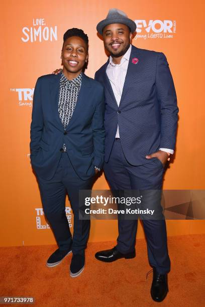 Screenwriter, producer, actor and Hero Award Honoree Lena Waithe and Producer Justin Simien attend The Trevor Project TrevorLIVE NYC at Cipriani Wall...