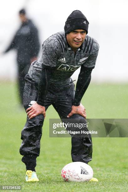 Aaron Smith looks on during a New Zealand All Blacks training session at Hutt Recreation Ground on June 12, 2018 in Wellington, New Zealand.