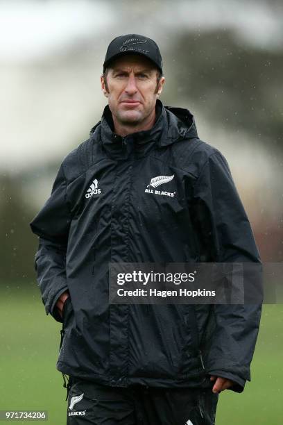 Strength and conditioning coach Nic Gill looks on during a New Zealand All Blacks training session at Hutt Recreation Ground on June 12, 2018 in...