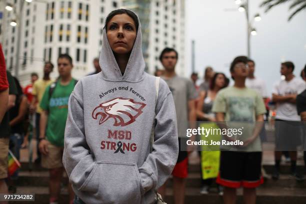 Hailey Fortson, an alumna of Marjory Stoneman Douglas High School, attends a rally in front of Orlando City Hall on June 11, 2018 in Orlando,...