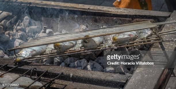 Sardines being grilled at "Restaurante Alfandega" over charcoal on May 28, 2018 in Vila do Conde, Portugal. Grilled sardines are a Portuguese are an...