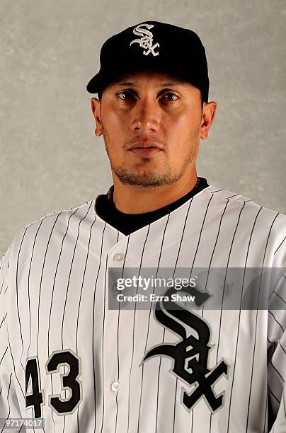 Freddy Garcia of the Chicago White Sox poses during photo media day at the White Sox spring training complex on February 28, 2010 in Glendale,...