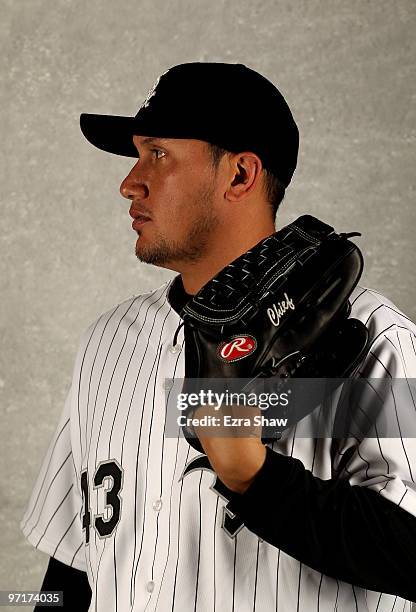 Freddy Garcia of the Chicago White Sox poses during photo media day at the White Sox spring training complex on February 28, 2010 in Glendale,...