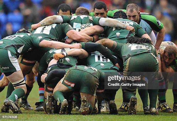 The Irish team go into the scrum during the Guinness Premiership match between London Irish and Harlequins at the Madejski Stadium on February 28,...