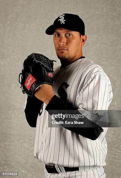 Freddy Garcia of the Chicago White Sox poses during photo media day at the White Sox spring training complex on February 28, 2010 in Glendale,...