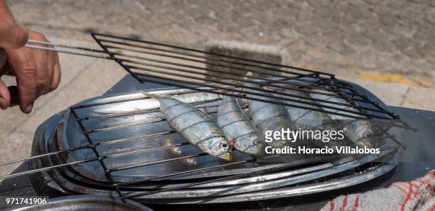 Restaurante Alfandega" cook prepares to grill sardines over charcoal by Ave River on May 28, 2018 in Vila do Conde, Portugal. Grilled sardines are a...