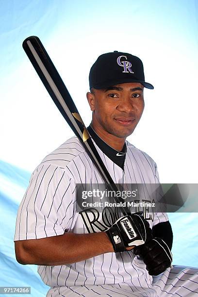 Melvin Mora of the Colorado Rockies poses for a photo during Spring Training Media Photo Day at Hi Corbett Field on February 28, 2010 in Tucson,...