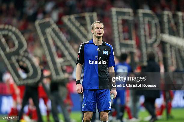 David Rozehnal of Hamburg looks dejected after losing 0-1 the Bundesliga match between FC Bayern Muenchen and Hamburger SV at Allianz Arena on...