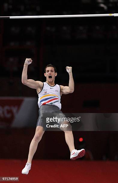 French athlete Renaud Lavillenie celebrates after he succeeded in the pole vault contest during the French athletics indoor championships on February...