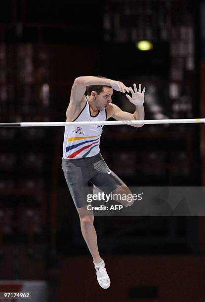 French athlete Renaud Lavillenie competes in the pole vault contest during the French athletics indoor championships on February 28, 2010 at Bercy...