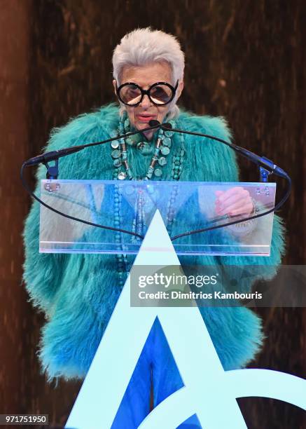 Iris Apfel speaks onstage at the 22nd Annual Accessories Council ACE Awards at Cipriani 42nd Street on June 11, 2018 in New York City.