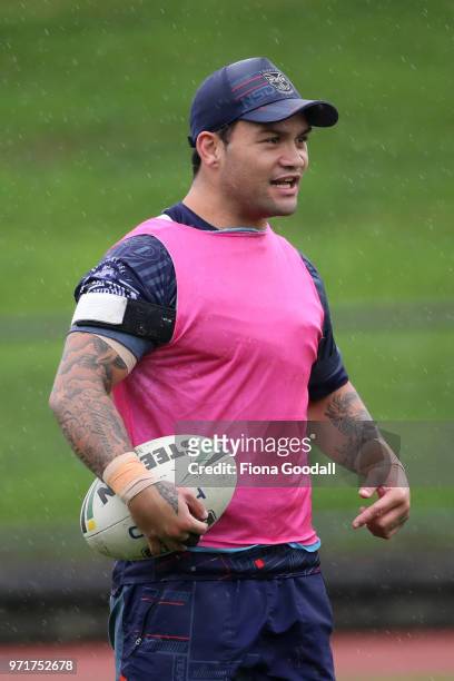 Issac Luke of the Warriors during a New Zealand Warriors NRL training session at Mt Smart Stadium on June 12, 2018 in Auckland, New Zealand.