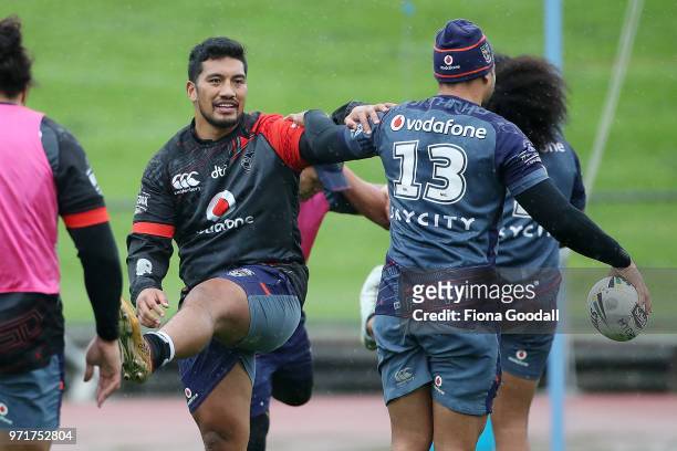 Albert Vete of the Warriors warms up during a New Zealand Warriors NRL training session at Mt Smart Stadium on June 12, 2018 in Auckland, New Zealand.