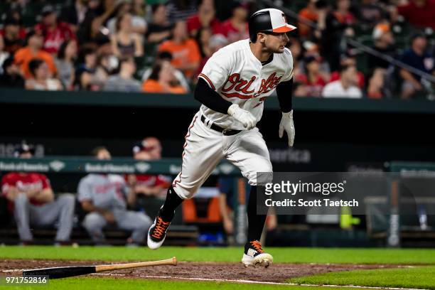 Joey Rickard of the Baltimore Orioles lines out against the Washington Nationals during the sixth inning at Oriole Park at Camden Yards on May 30,...