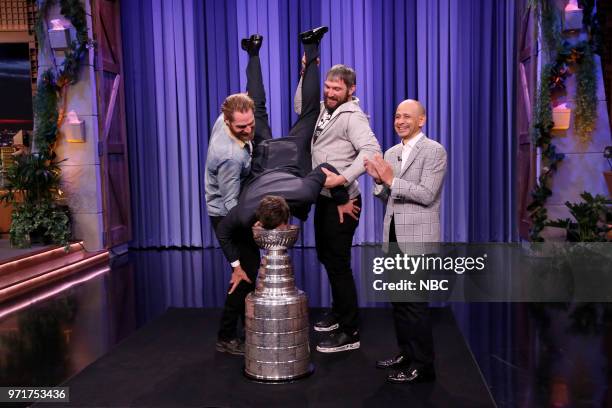 Episode 0881 -- Pictured: Hockey Players Braden Holtby and Alexander Ovechkin, with host Jimmy Fallon and Jockey Mike Smith with the Stanley Cup...