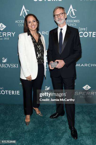 Anne Fulenwider and Jean Cassegrain pose backstage at the 22nd Annual Accessories Council ACE Awards at Cipriani 42nd Street on June 11, 2018 in New...