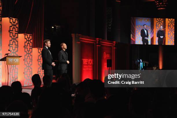 Hosts Gus Kenworthy and Adam Rippon speak onstage during The Trevor Project TrevorLIVE NYC at Cipriani Wall Street on June 11, 2018 in New York City.